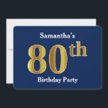 Invitation Blue, Faux Gold 80th Birthday Party   Nom personna<br><div class="desc">Cette conception d'invitation comporte le numéro ordinal "80e" avec un aspect faux or. Il comporte également un nom customisé et un arrière - plan bleu. Il pourrait être utilisé pour les invitations à la fête du quatre-vingtième anniversaire de quelqu’un.</div>