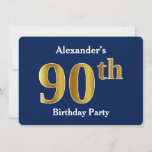 Invitation Blue, Faux Gold 90th Birthday Party   Nom personna<br><div class="desc">Cette conception d'invitation comporte le numéro ordinal "90e" avec un aspect faux or. Il comporte également un nom personnalisé et un arrière - plan bleu. Il pourrait être utilisé pour les invitations à la fête du quatre-vingt-dixième anniversaire de quelqu’un.</div>