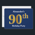 Invitation Blue, Faux Gold 90th Birthday Party   Nom personna<br><div class="desc">Cette conception d'invitation comporte le numéro ordinal "90e" avec un aspect faux or. Il comporte également un nom personnalisé et un arrière - plan bleu. Il pourrait être utilisé pour les invitations à la fête du quatre-vingt-dixième anniversaire de quelqu’un.</div>