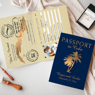 Invitation Blue Faux Gold Foil Cuba Passeport Mariage