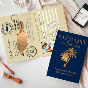 Invitation Blue Faux Gold Foil Jamaïque Passeport Mariage