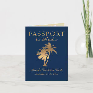 Invitation Blue Faux Gold Foil Passeport Aruba Anniversaire