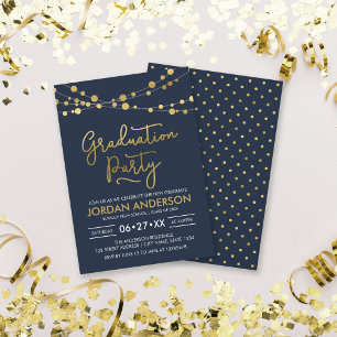 Invitation Blue Faux Gold Strings of Lights Graduation Party