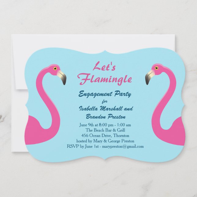 Invitation Blue Flamant rose Beach Engagement Party Invitatio (Devant)
