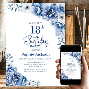 Invitation Blue Floral 18e fête d'anniversaire