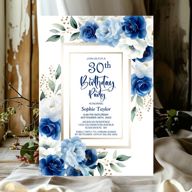 Invitation Blue Floral 30e fête d'anniversaire (Créateur téléchargé)
