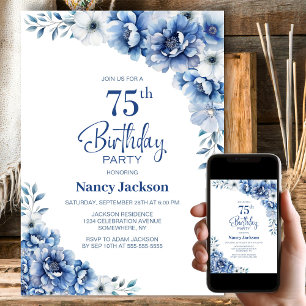 Invitation Blue Floral 75e fête d'anniversaire
