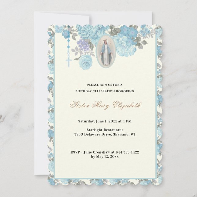 Invitation Blue Floral Anniversaire Religieux Rosaire Invitat (Devant)