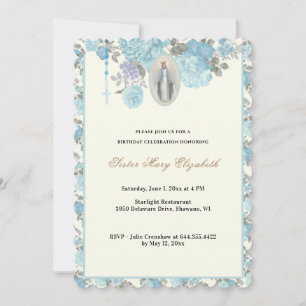 Invitation Blue Floral Anniversaire Religieux Rosaire Invitat