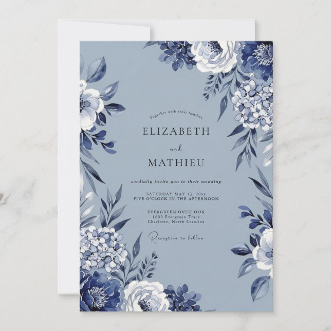 Invitation Blue Floral Artistic Flourish Wedding (Devant)