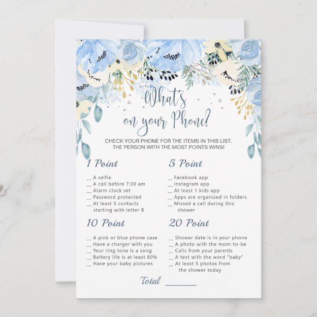 Invitation Blue Floral Baby shower Qu'y a-t-il sur votre jeu  (Devant)