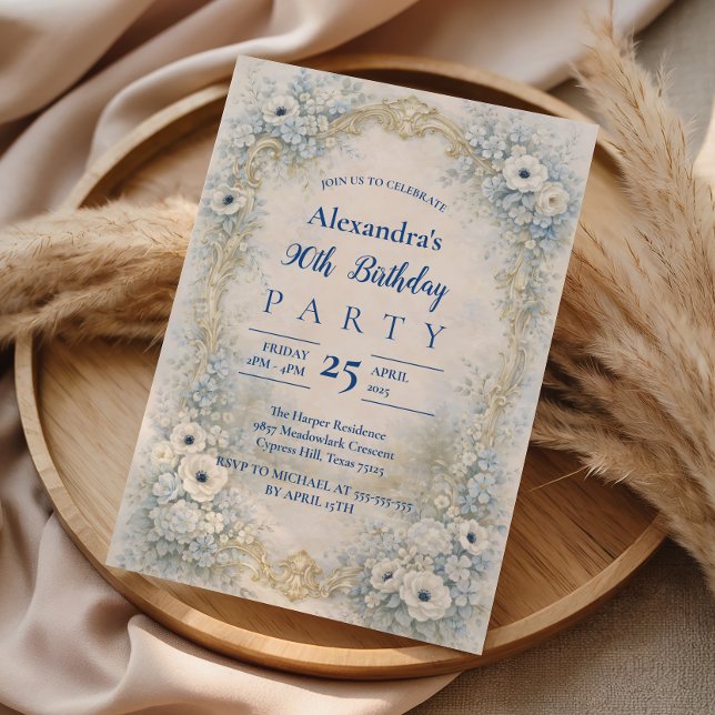 Invitation Blue Floral Baroque Frame 90th Birthday (Créateur téléchargé)