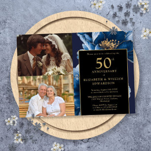 Invitation Blue Floral Black Gold 50e Anniversaire 2 Photo