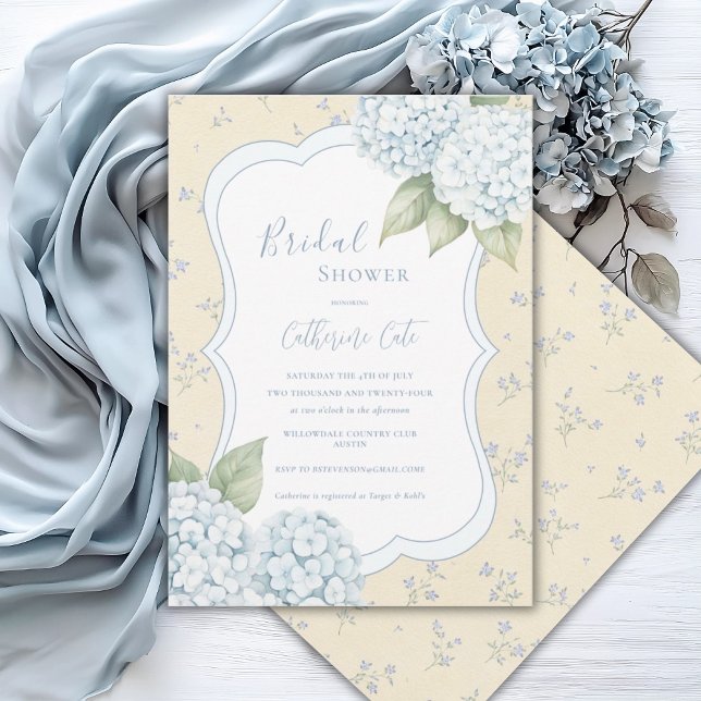 Invitation Blue Floral Blue Hydrangea Yellow Bridal Shower  (Créateur téléchargé)
