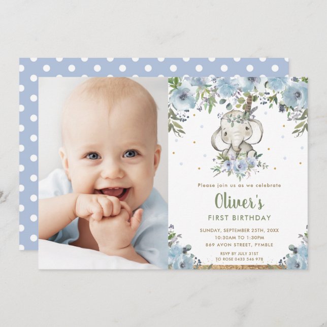 Invitation Blue Floral Boho Elephant Boy 1er Anniversaire Pho (Devant / Derrière)