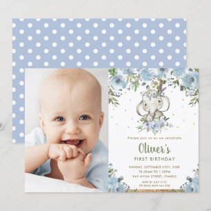 Invitation Blue Floral Boho Elephant Boy 1er Anniversaire Pho