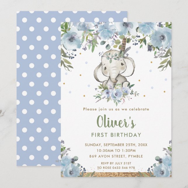 Invitation Blue Floral Boho Tribal Elephant Boy 1er anniversa (Devant / Derrière)