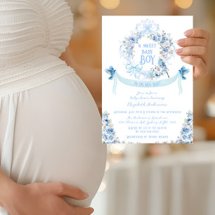 Invitation Blue Floral Bow Crest Sweet Baby Baby shower garço