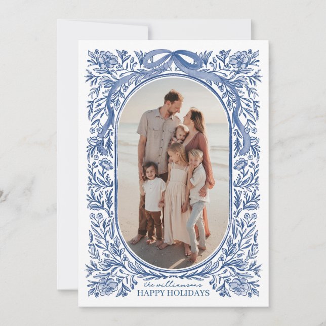 Invitation Blue Floral & Bow Holiday Photo Card (Devant)