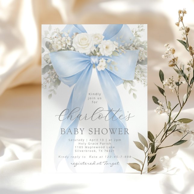Invitation Blue Floral Bow It's a Boy Baby Shower (Créateur téléchargé)