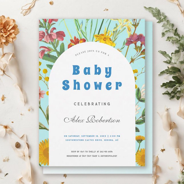 Invitation Blue Floral Boy Elegant Baby shower Carré (Créateur téléchargé)