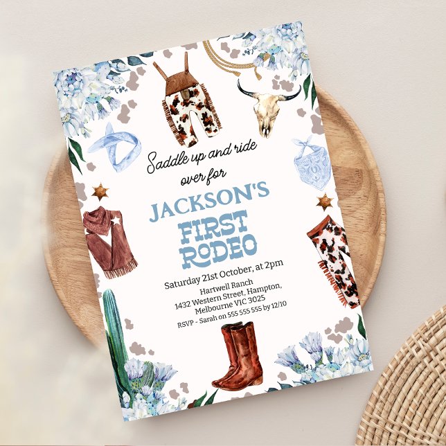 Invitation Blue Floral Boys Premier rodéo 1er anniversaire (Boy First Rodeo 1st Birthday Invitation, Blue Floral Cowboy 1st Birthday Invitation, Western Themed)