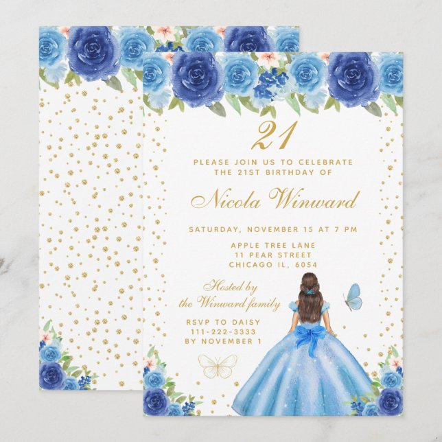Invitation Blue Floral Brunette Hair Princess Birthday Party (Devant / Derrière)