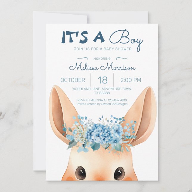 Invitation Blue Floral Bunny Baby Boy Douche (Devant)