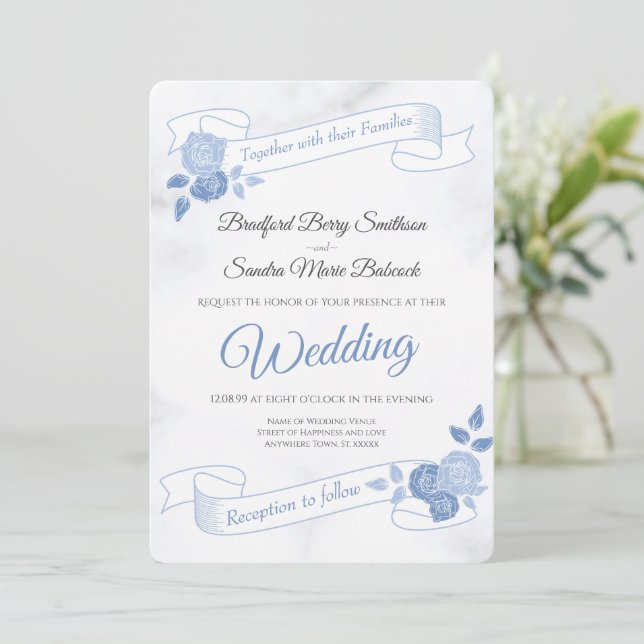 Invitation Blue Floral Chic Marbre blanc simple Mariage en (Debout devant)