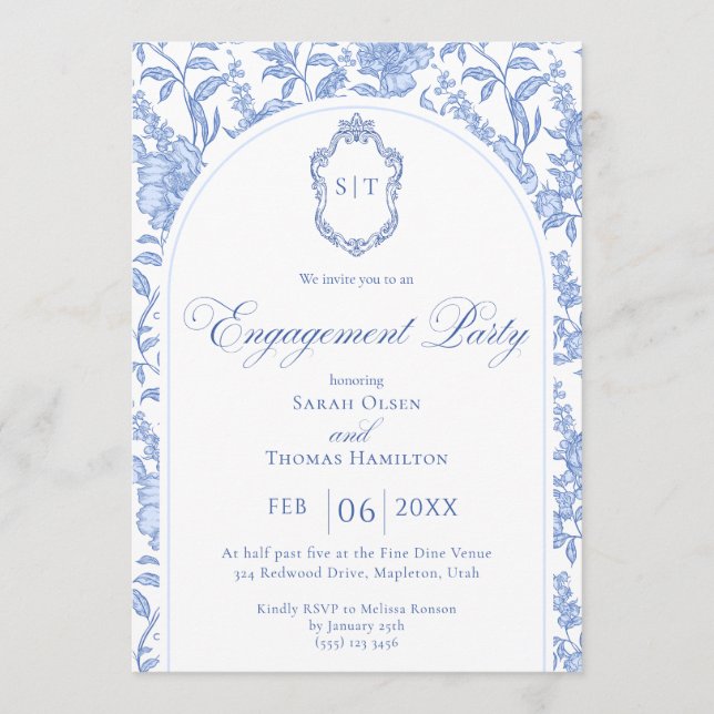 Invitation Blue Floral Chinoiserie Monogram Engagement Party (Devant)
