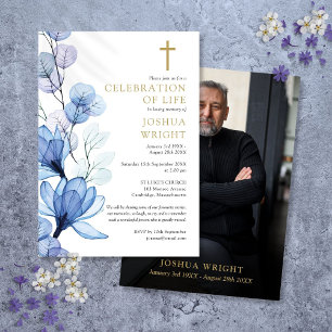 Invitation Blue Floral Christian Memorial Funérailles