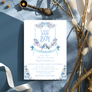 Invitation Blue Floral Crest Sweet Baby Baby shower garçon