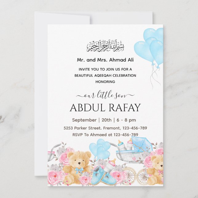 Invitation Blue Floral Crib Islamic baby boy Aqiqa Aqeeqa   (Devant)