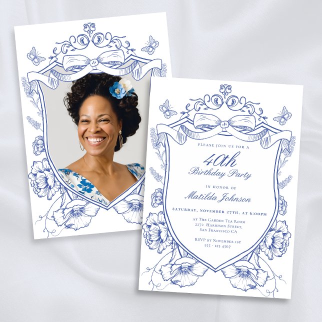 Invitation Blue Floral Custom Photo 40th Birthday Party (Blue Floral Custom Photo 40th Birthday Party Invitation)
