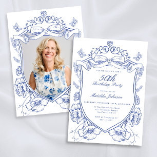 Invitation Blue Floral Custom Photo 50th Birthday Party