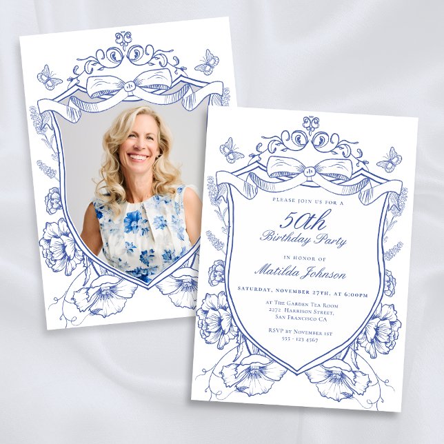 Invitation Blue Floral Custom Photo 50th Birthday Party (Blue Floral Custom Photo 50th Birthday Party Invitation)