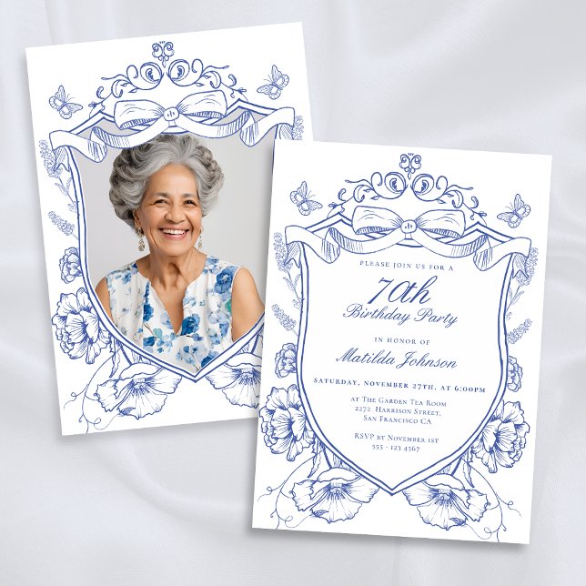 Invitation Blue Floral Custom Photo 70th Birthday Party (Blue Floral Custom Photo 70th Birthday Party Invitation)