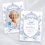 Invitation Blue Floral Custom Photo 80th Birthday Party<br><div class="desc">Blue Floral Custom Photo 80th Birthday Party Invitation. Célébrez votre jalon avec cette invitation florale bleue avec une crête vintage et un élégant design de Chinoiserie. Des détails délicats et des motifs intemporels créent un look sophistiqué, parfait pour marquer les moments spéciaux de la vie. Personnalisée et gracieuse, cette invitation...</div>