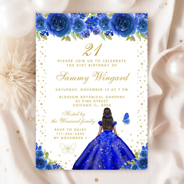 Invitation Blue Floral Dark Skin Princess Anniversaire (Créateur téléchargé)