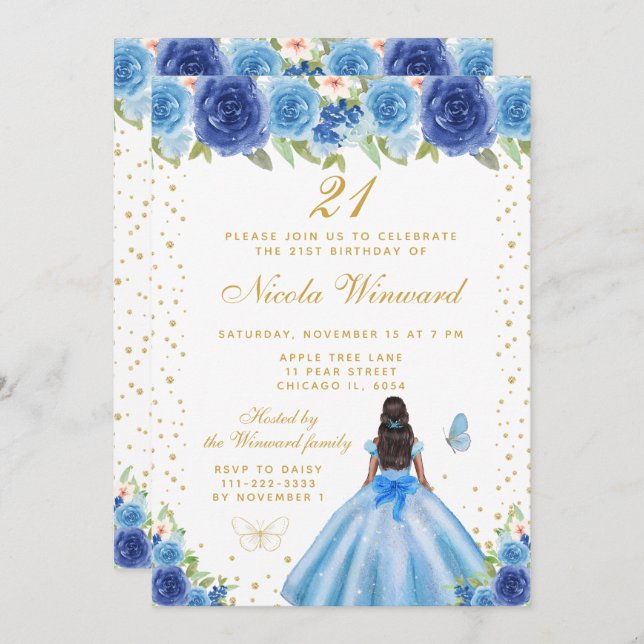 Invitation Blue Floral Dark Skin Princess Birthday Party (Devant / Derrière)