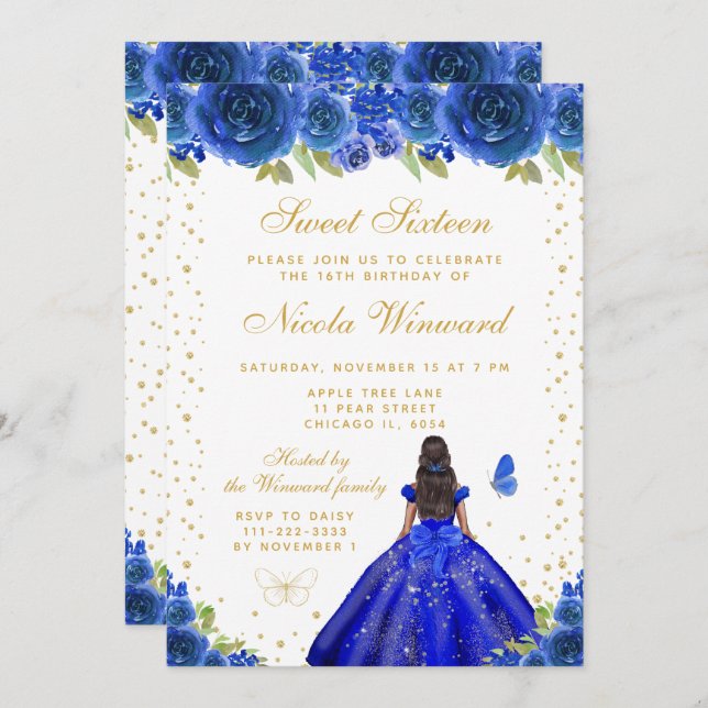 Invitation Blue Floral Dark Skin Princess Sweet Sixteen (Devant / Derrière)