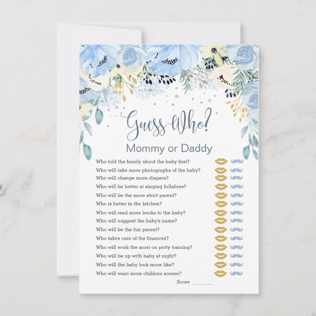 Invitation Blue Floral Devinez Qui Baby shower Jeux Invitatio (Devant)