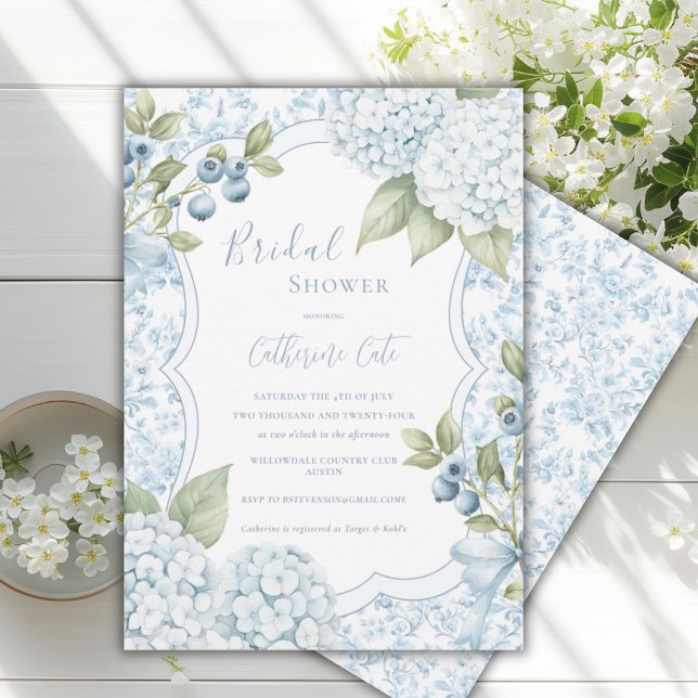 Invitation Blue Floral Elegant Blue Hydrangea Bridal Shower  (Créateur téléchargé)