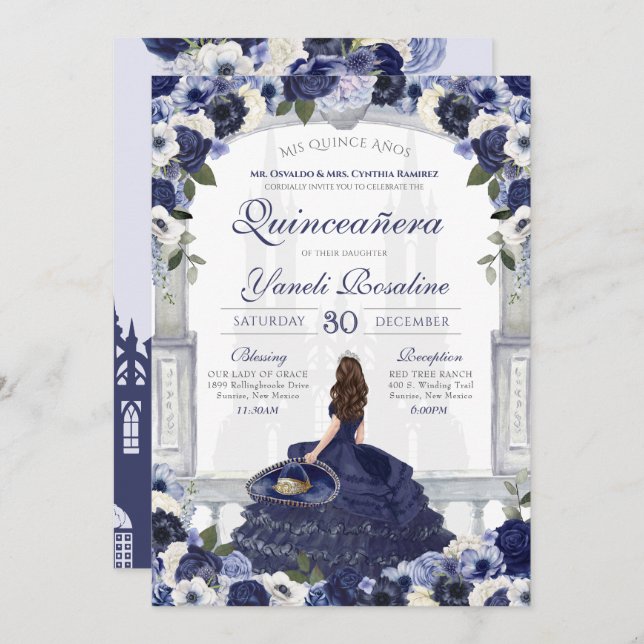 Invitation Blue Floral Elegant Charro Princesse Quinceanera (Devant / Derrière)