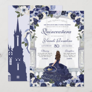 Invitation Blue Floral Elegant Charro Princesse Quinceanera