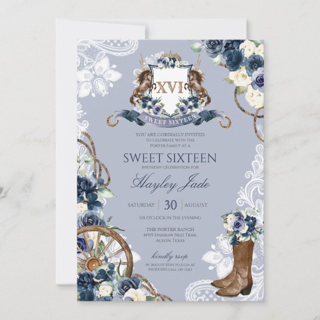 Invitation Blue Floral & Elegant Crest Cowgirl Ranch Sweet 16 (Devant)