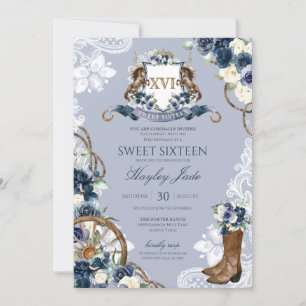 Invitation Blue Floral & Elegant Crest Cowgirl Ranch Sweet 16