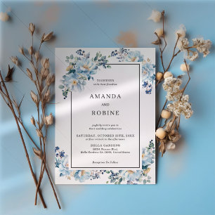 Invitation Blue Floral Élégant Mariage moderne