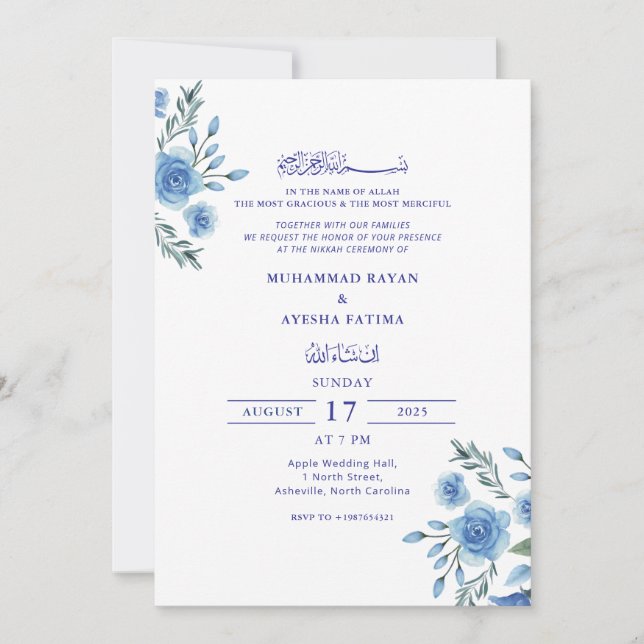 Invitation Blue Floral Elegant Nikkah Arabe Mariage islamique (Devant)