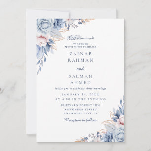 Invitation Blue Floral Elegant Nikkah Arabe Mariage islamique